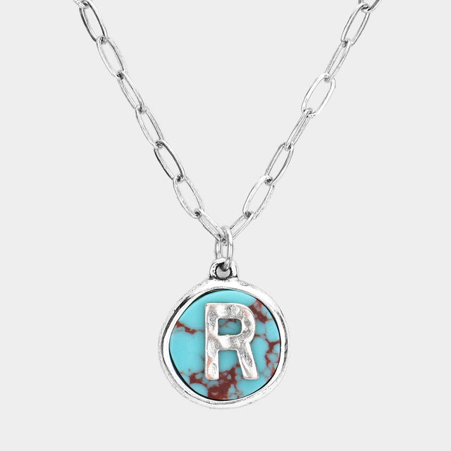 Madeline Love ~R~, Turquoise -R- Initial Monogram Turquoise Pendant Necklace - Necklaces