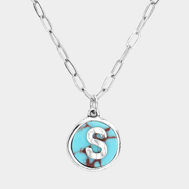 Madeline Love ~S~, Turquoise -S- Initial Monogram Turquoise Pendant Necklace - Necklaces
