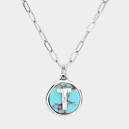 -T- Initial Monogram Turquoise Pendant Necklace - ~T~, Turquoise