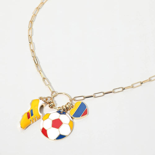 Colombia Soccer Ball Shoe Heart Charm Toggle Pendant Paperclip Chain Necklace - Blue, Red, Yellow