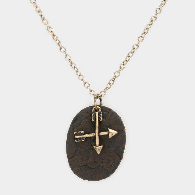 Madeline Love Gold Burnished Oval Faux Leather Metal Arrow Pendant Necklace - Necklaces