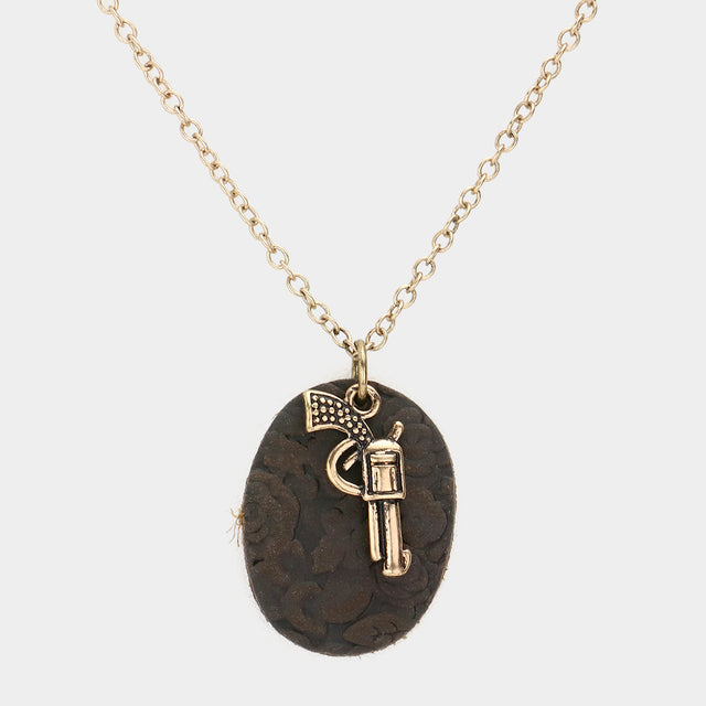 Madeline Love Gold Burnished Oval Faux Leather Metal Gun Pendant Necklace - Necklaces