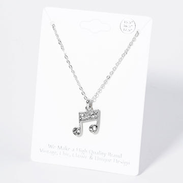 Madeline Love Clear, Rhodium Crystal Rhinestone Paved Music Notes Pendant Necklace - Necklaces