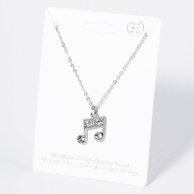 Madeline Love Clear, Rhodium Crystal Rhinestone Paved Music Notes Pendant Necklace - Necklaces