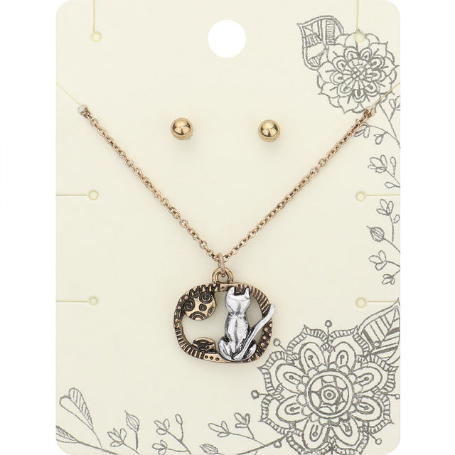 Madeline Love Gold Burnished, Silver Burnished, Two Tone Metal Cat Pendant Necklace - Necklaces