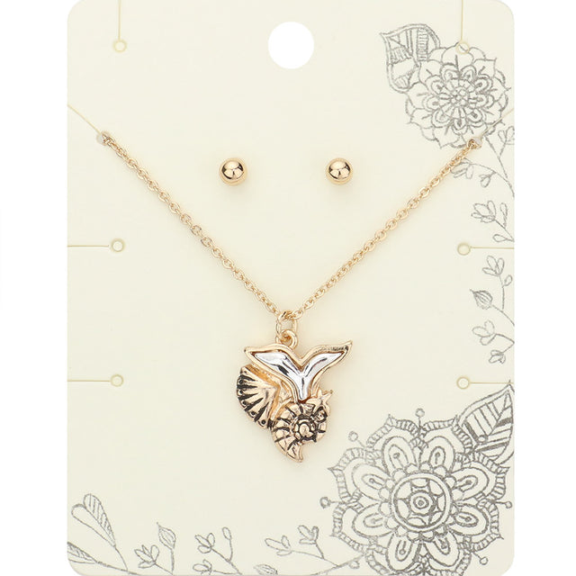 Antique Gold, Silver, Two Tone Metal Conch Shell Mermaid Tail Pendant Necklace