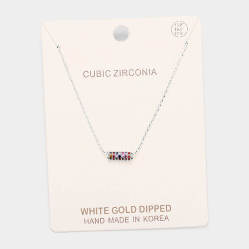 White Gold Dipped Cubic Zirconia Bar Pendant Necklace - Multi, Rhodium