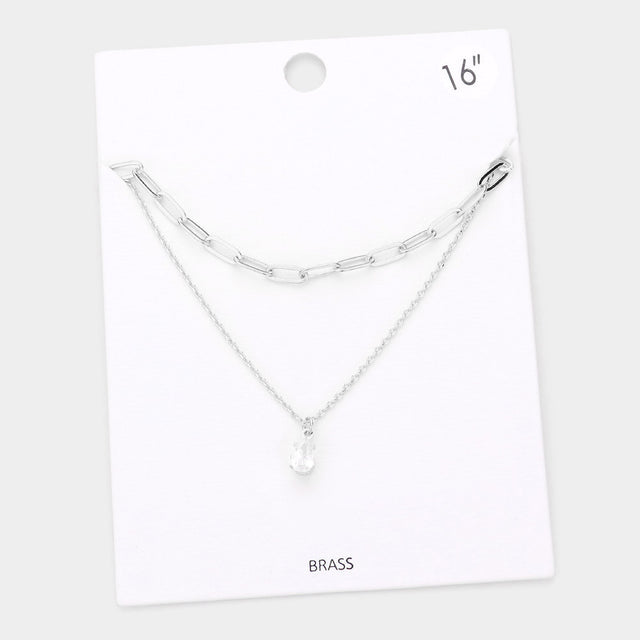 Madeline Love Rhodium Brass Metal Teardrop Stone Pendant Double Layered Necklace - Necklaces