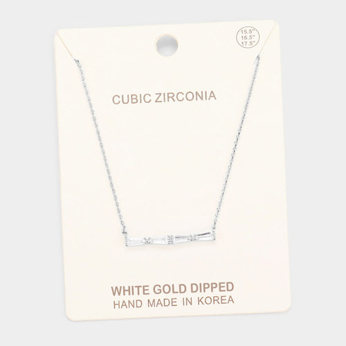 White Gold Dipped Cubic Zirconia Row Pendant Necklace - Clear, Rhodium