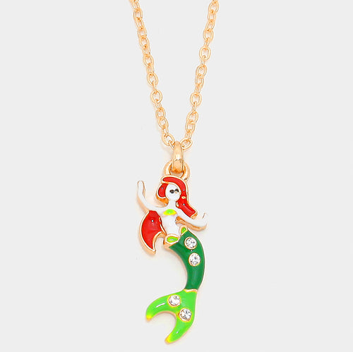 Crystal enamel mermaid pendant necklace - Gold, Multi
