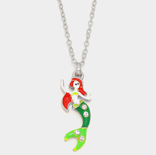 Crystal enamel mermaid pendant necklace - Multi, Rhodium