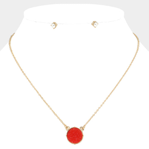 Druzy Stone Pendant Necklace - Red