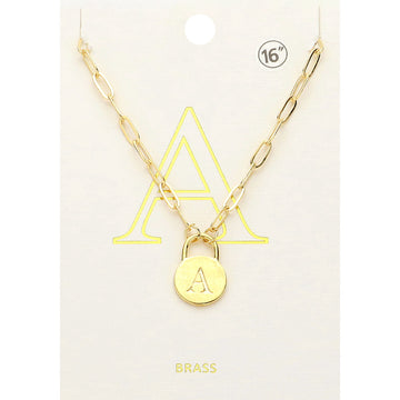 Madeline Love ~A~, Gold -A- Brass Metal Initial Monogram Lock Pendant Necklace - Necklaces