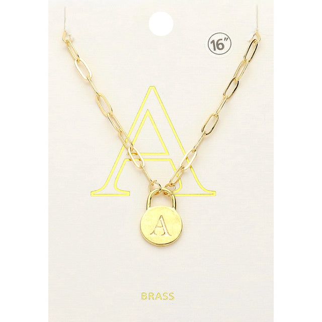 Madeline Love ~A~, Gold -A- Brass Metal Initial Monogram Lock Pendant Necklace - Necklaces