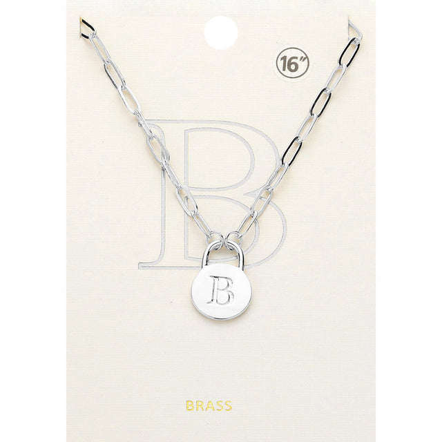 Madeline Love ~B~, Rhodium -B- Brass Metal Initial Monogram Lock Pendant Necklace - Necklaces