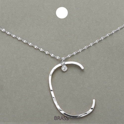 -C- Initial Monogram Brass Metal Pendant Necklace - ~C~, Rhodium