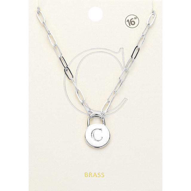 Madeline Love ~C~, Rhodium -C- Brass Metal Initial Monogram Lock Pendant Necklace - Necklaces