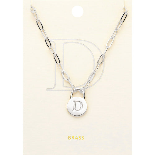 -D- Brass Metal Initial Monogram Lock Pendant Necklace - ~D~, Rhodium