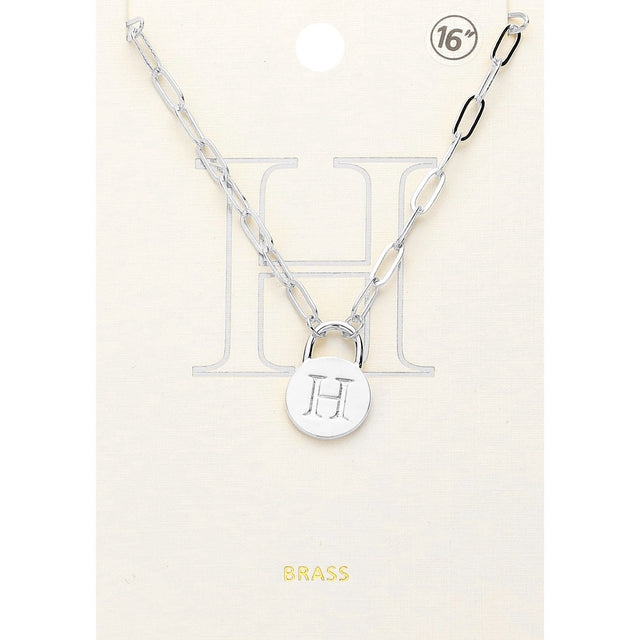 Madeline Love ~H~, Rhodium -H- Brass Metal Initial Monogram Lock Pendant Necklace - Necklaces