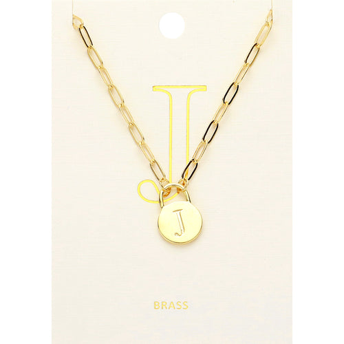 -J- Brass Metal Initial Monogram Lock Pendant Necklace - ~J~, Gold