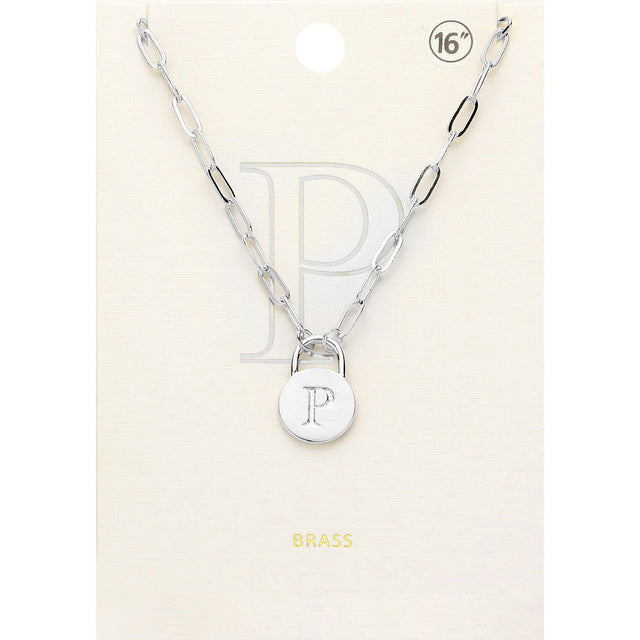 Madeline Love ~P~, Rhodium -P- Brass Metal Initial Monogram Lock Pendant Necklace - Necklaces