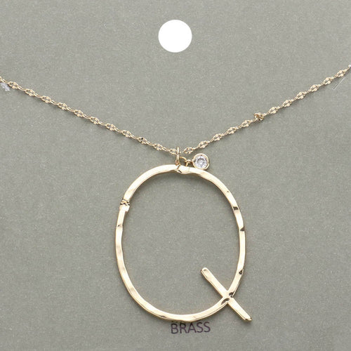 -Q- Initial Monogram Brass Metal Pendant Necklace - ~Q~, Gold