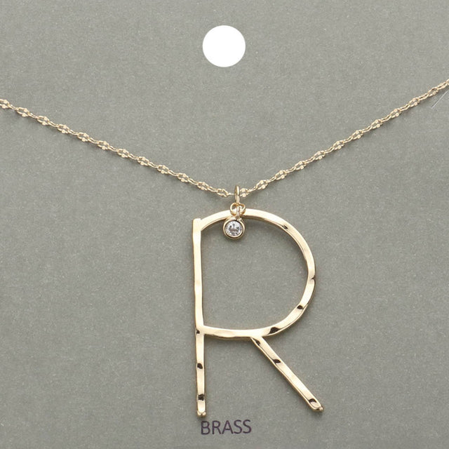 Madeline Love ~R~, Gold -R- Initial Monogram Brass Metal Pendant Necklace - Necklaces