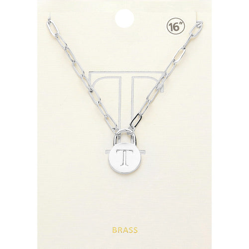 -T- Brass Metal Initial Monogram Lock Pendant Necklace - ~T~, Rhodium