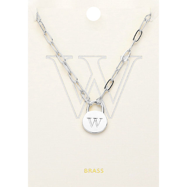 Madeline Love ~W~, Rhodium -W- Brass Metal Initial Monogram Lock Pendant Necklace - Necklaces