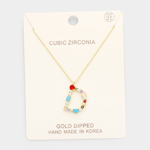 Gold Dipped CZ Letter D Initial Monogram Pendant Necklace - ~D~, Gold, Multi