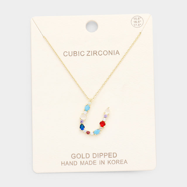 Madeline Love ~U~, Gold, Multi Gold Dipped CZ Letter U Initial Monogram Pendant Necklace - Necklaces
