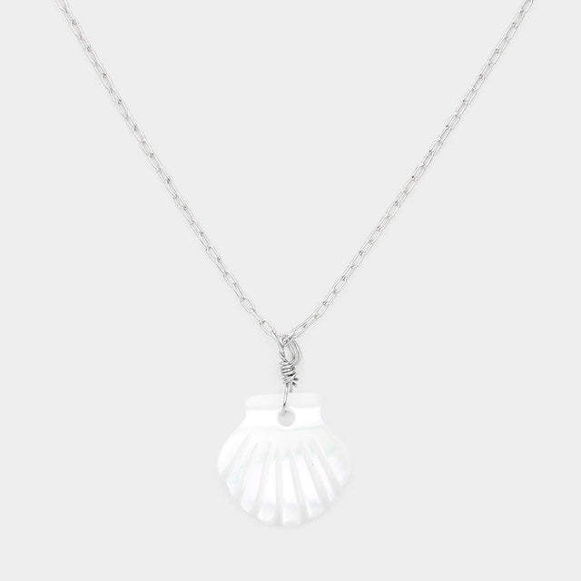 Rhodium Brass Metal Mother of Pearl Shell Pendant Necklace