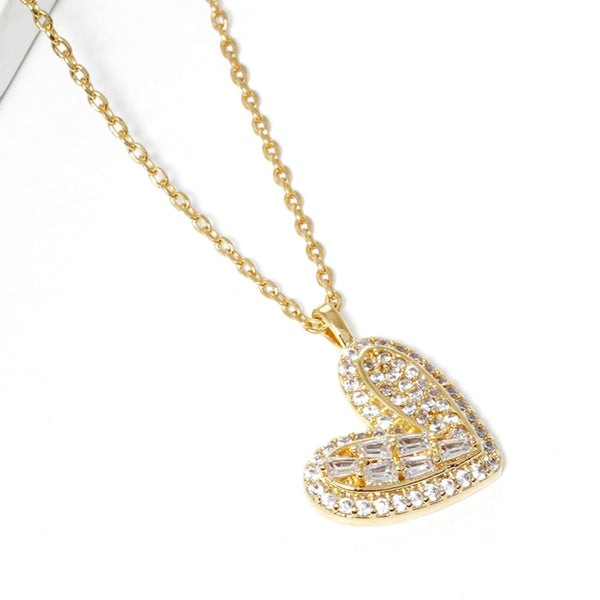 Gold Dipped CZ Stone Paved Heart Pendant Necklace