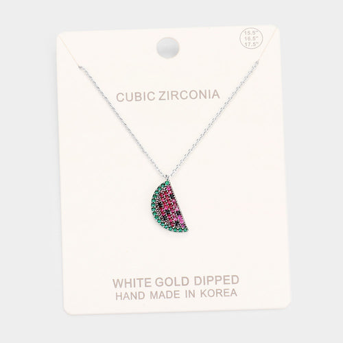 White Gold Dipped CZ Watermelon Pendant Necklace - Red, Rhodium