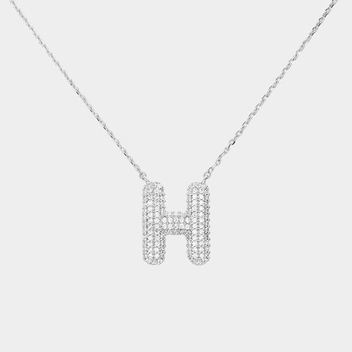 -H- White Gold Dipped CZ Initial Monogram Pendant Necklace - Clear, Rhodium