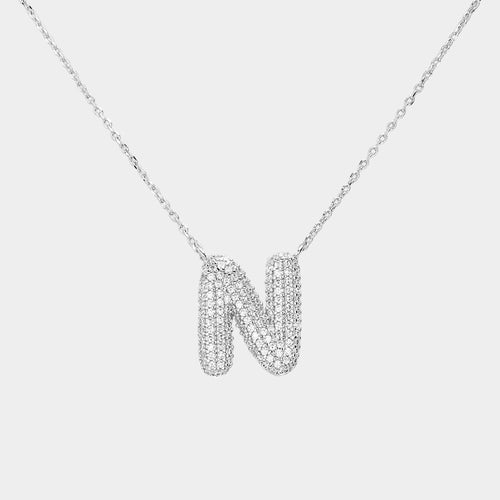 -N- White Gold Dipped CZ Initial Monogram Pendant Necklace - Clear, Rhodium
