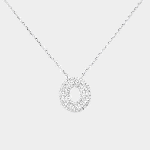 -O- White Gold Dipped CZ Initial Monogram Pendant Necklace - Clear, Rhodium