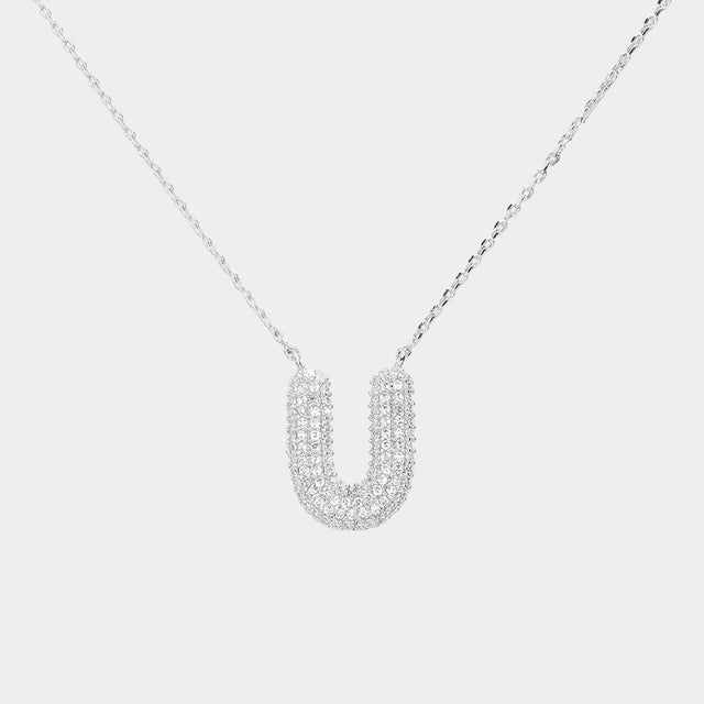 Madeline Love Clear, Rhodium -U- White Gold Dipped CZ Initial Monogram Pendant Necklace - Jewelry