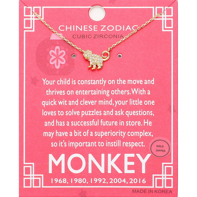 Madeline Love Clear, Gold Lunar 12 Zodiac Gold Dipped CZ Monkey Pendant Necklace - Jewelry
