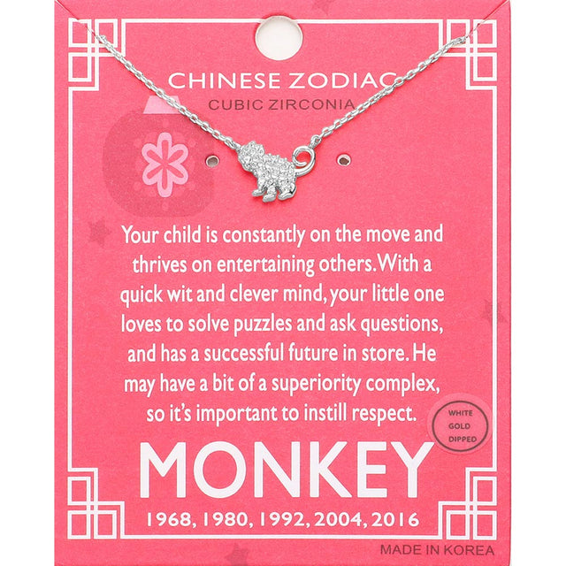 Madeline Love Clear, Rhodium Lunar 12 Zodiac White Gold Dipped CZ Monkey Pendant Necklace - Jewelry