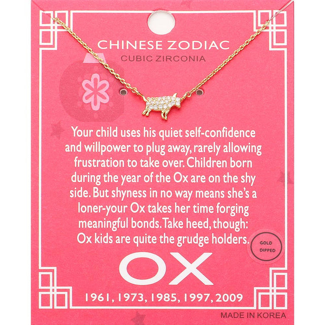 Madeline Love Clear, Gold Lunar 12 Zodiac Gold Dipped CZ Ox Pendant Necklace - Jewelry