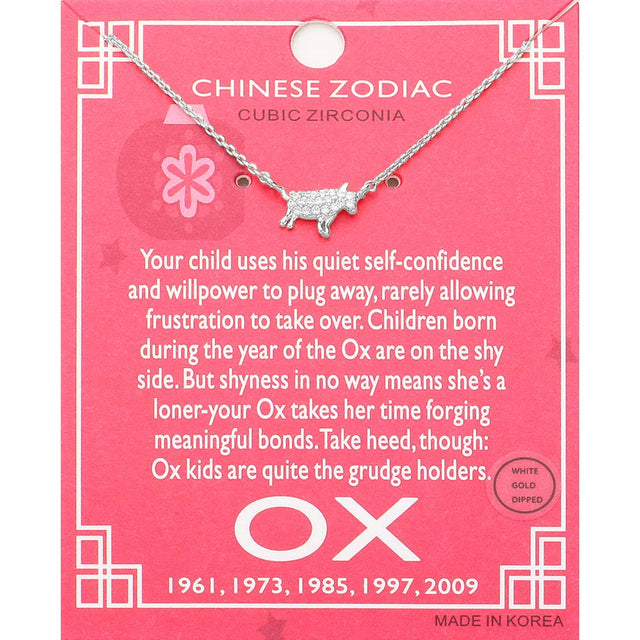 Madeline Love Clear, Rhodium Lunar 12 Zodiac White Gold Dipped CZ Ox Pendant Necklace - Jewelry