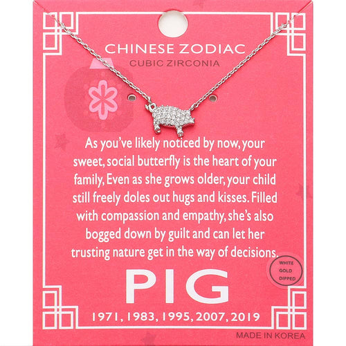 Lunar 12 Zodiac White Gold Dipped CZ Pig Pendant Necklace - Clear, Rhodium