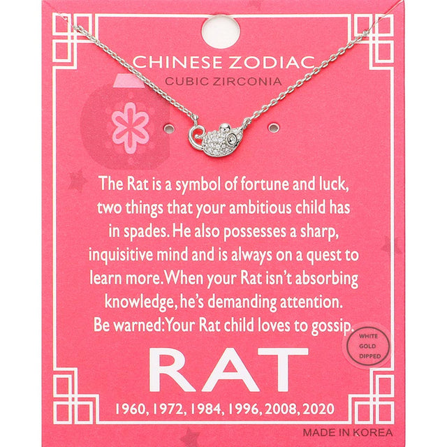 Madeline Love Clear, Rhodium Lunar 12 Zodiac White Gold Dipped CZ Rat Pendant Necklace - Jewelry