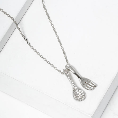 White Gold Dipped Stone Paved Spoon Fork Pendant Necklace - Rhodium