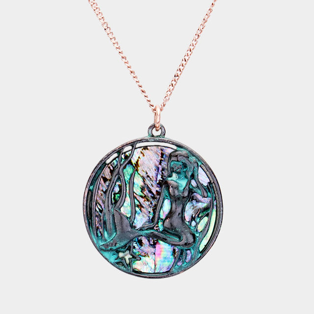Abalone, Patina Verdigris Mermaid  Abalone Round Pendant Necklace