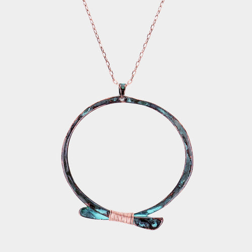 Open Circle Coil Wire Pendant Necklace - Copper, Patina Verdigris