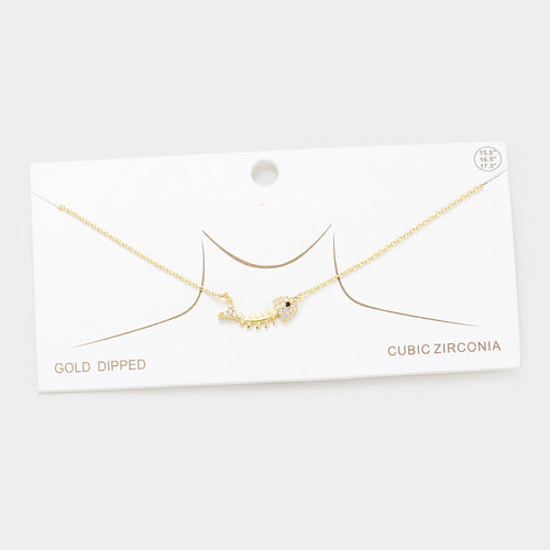 Gold Dipped CZ Fishbone Pendant Necklace - Gold