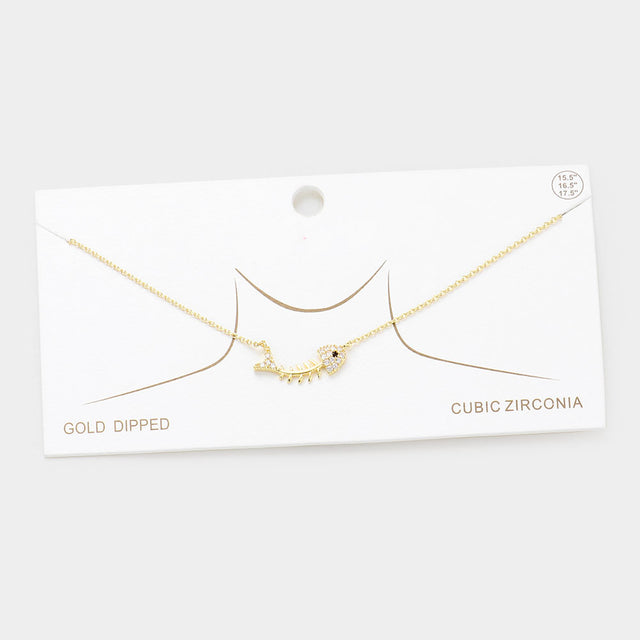 Gold Gold Dipped CZ Fishbone Pendant Necklace