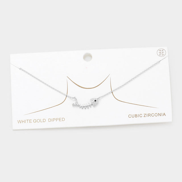 Rhodium White Gold Dipped CZ Fishbone Pendant Necklace